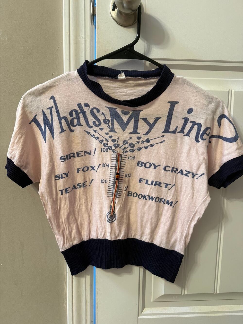 VTG 70s What's My Line? Siren Boy Crazy Flirt Tease Cropped Top Shirt SM 1970s